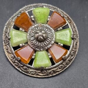 Miracle Celtic Circle Brooch Green Brown Glass Vintage Jewelry
